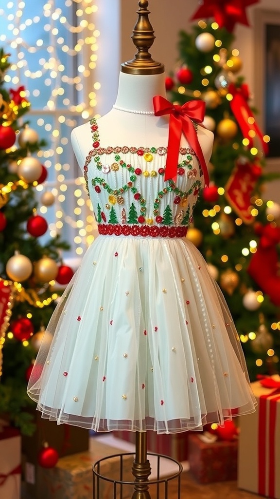 DIY Christmas Dress Hack A vibrant DIY Christmas dress with sequins and ribbons on a mannequin, surrounded by holiday decorations.